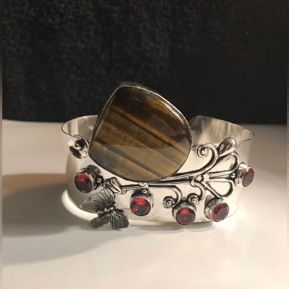 Tiger Eye Garnet Stamped Solid 925 Sterling Silver Cuff Bracelet